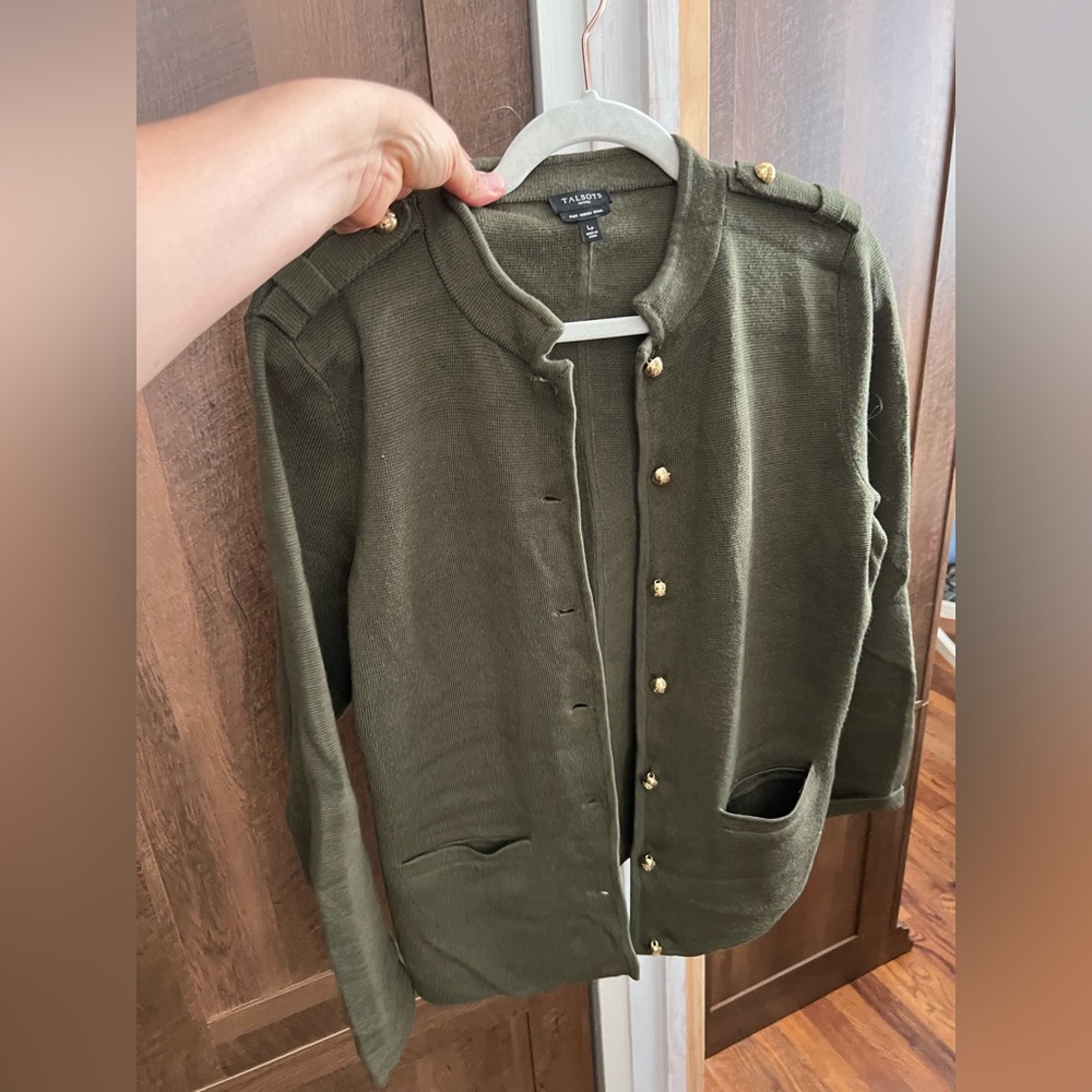 Talbots Petites Pure Merino Wool Cardigan Sweater - Olive